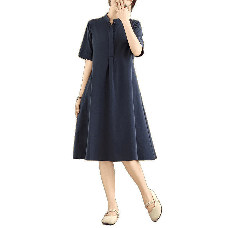 Commute Plaid Pattern Simple Design Cotton Half Sleeve Midi Dress With Pockets