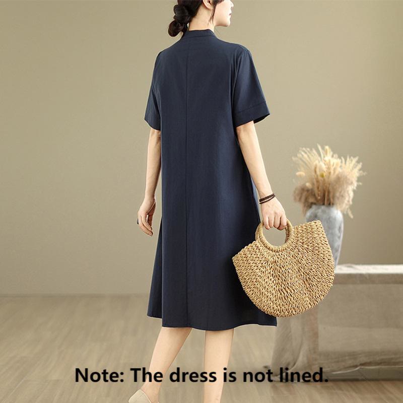 Commute Plaid Pattern Simple Design Cotton Half Sleeve Midi Dress With Pockets