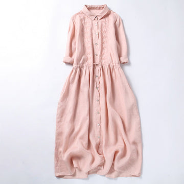 Tactile Cotton Linen Long-Sleeve Grounding Midi Dress