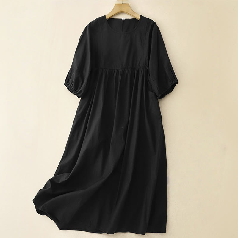 Vintage Lace-Up Simple Design Cotton Linen Three Quarter Puff Sleeve Midi Dress With Pockets
