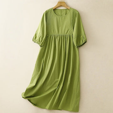 Vintage Lace-Up Simple Design Cotton Linen Three Quarter Puff Sleeve Midi Dress With Pockets