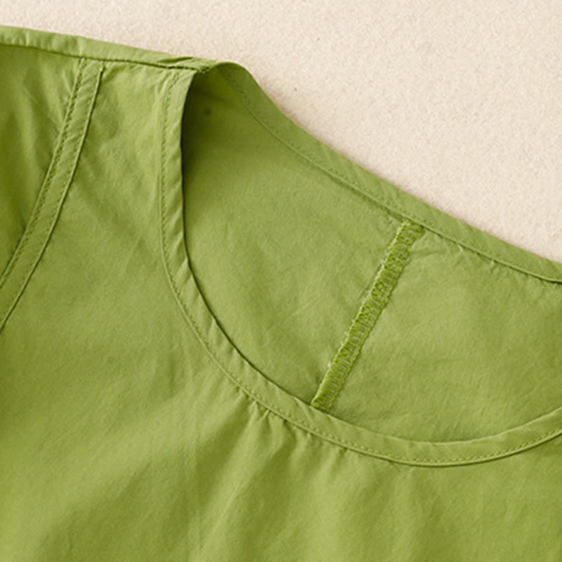 Vintage Lace-Up Simple Design Cotton Linen Three Quarter Puff Sleeve Midi Dress With Pockets