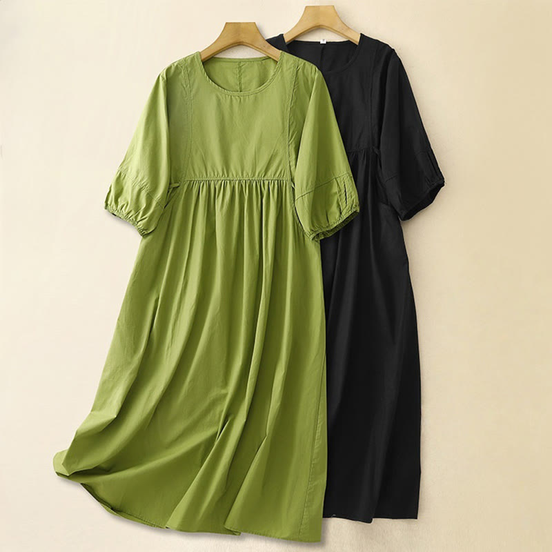 Vintage Lace-Up Simple Design Cotton Linen Three Quarter Puff Sleeve Midi Dress With Pockets