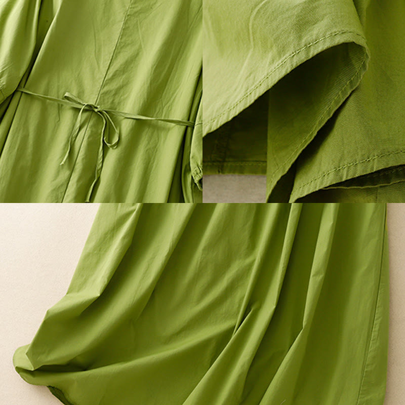 Vintage Lace-Up Simple Design Cotton Linen Three Quarter Puff Sleeve Midi Dress With Pockets