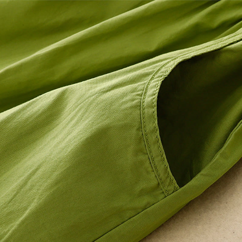 Vintage Lace-Up Simple Design Cotton Linen Three Quarter Puff Sleeve Midi Dress With Pockets