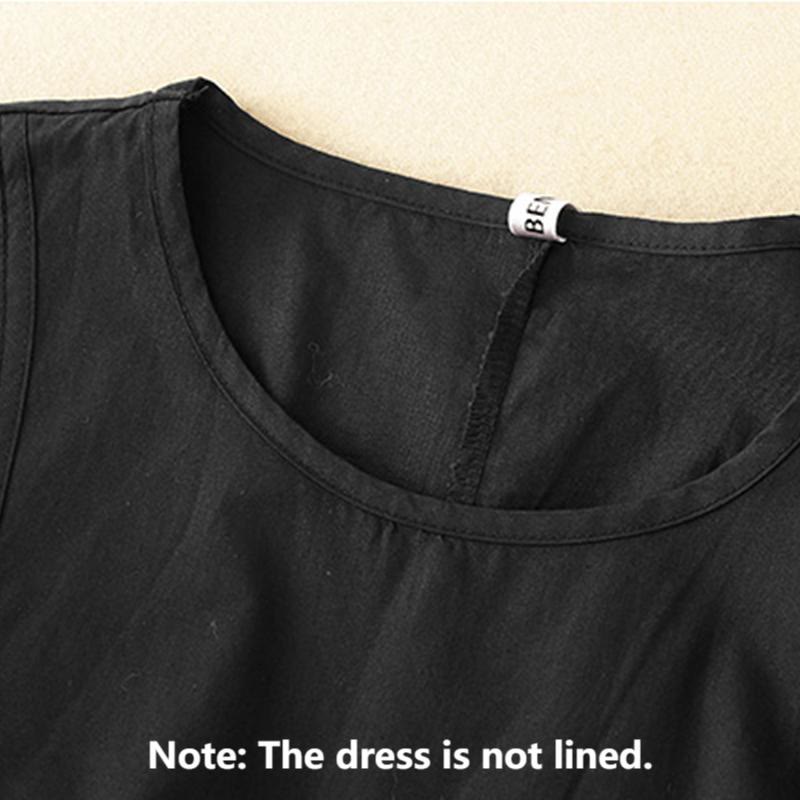 Vintage Lace-Up Simple Design Cotton Linen Three Quarter Puff Sleeve Midi Dress With Pockets