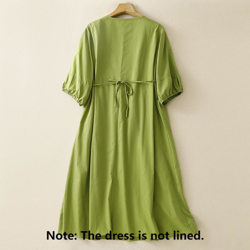 Vintage Lace-Up Simple Design Cotton Linen Three Quarter Puff Sleeve Midi Dress With Pockets