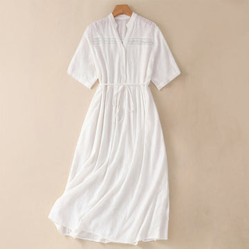 Cotton Jacquard V-Neck Mindful Midi Dress with Pockets
