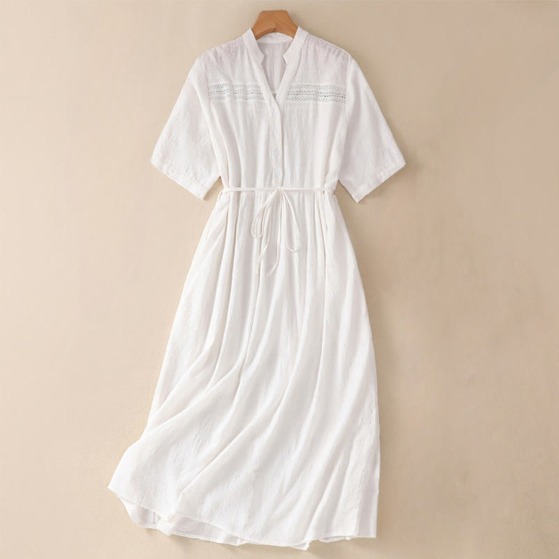 Cotton Jacquard V-Neck Mindful Midi Dress with Pockets