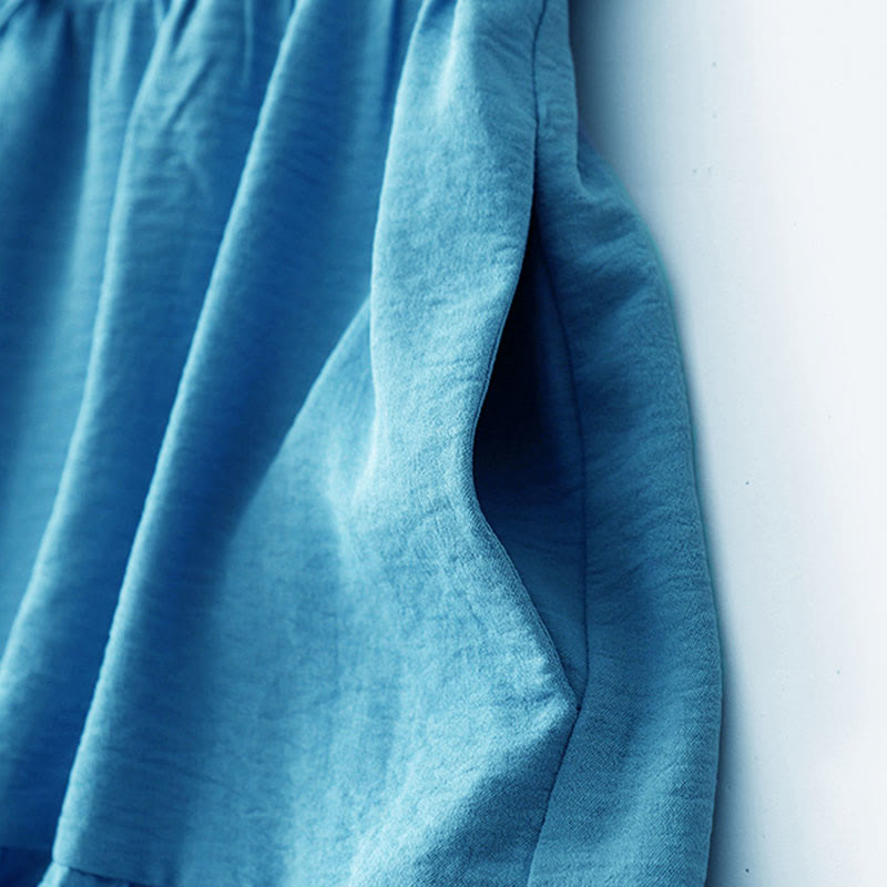 Casual Plain Handmade Lace-up Midi Dress Cotton Linen Sleeveless Dress With Pockets