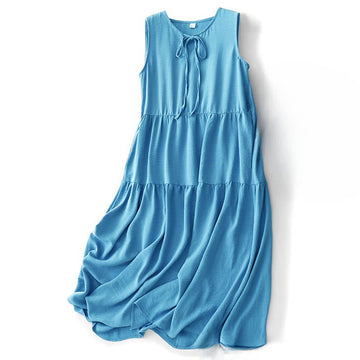 Casual Plain Handmade Lace-up Midi Dress Cotton Linen Sleeveless Dress With Pockets