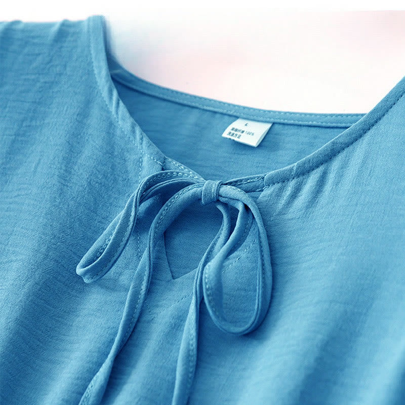Casual Plain Handmade Lace-up Midi Dress Cotton Linen Sleeveless Dress With Pockets