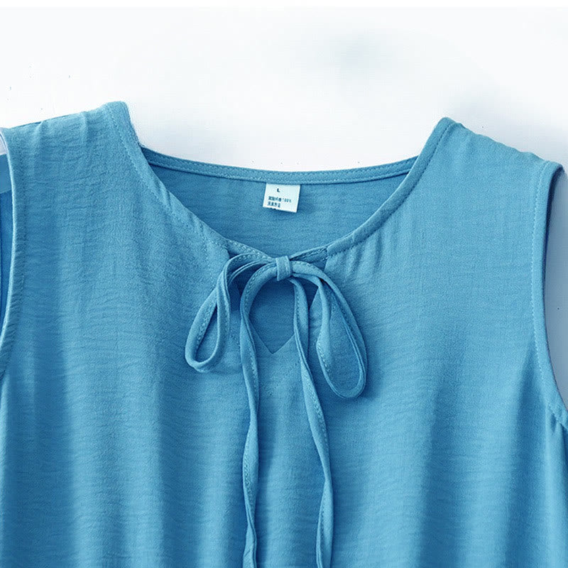 Casual Plain Handmade Lace-up Midi Dress Cotton Linen Sleeveless Dress With Pockets