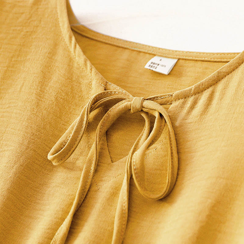 Casual Plain Handmade Lace-up Midi Dress Cotton Linen Sleeveless Dress With Pockets