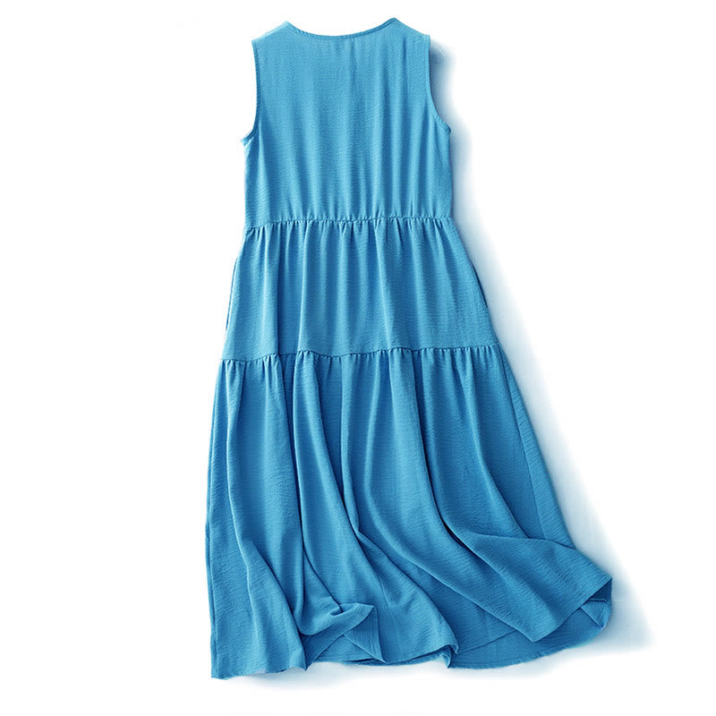 Casual Plain Handmade Lace-up Midi Dress Cotton Linen Sleeveless Dress With Pockets