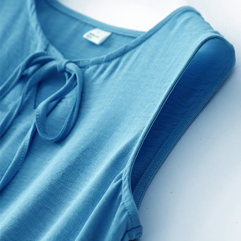 Casual Plain Handmade Lace-up Midi Dress Cotton Linen Sleeveless Dress With Pockets