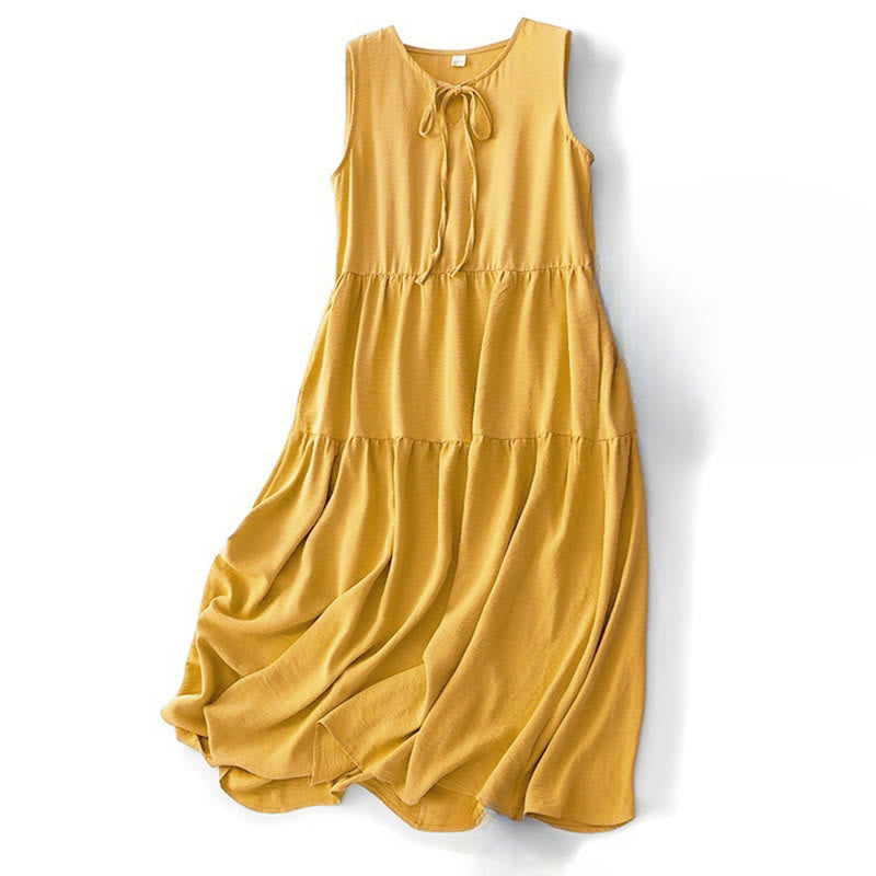 Casual Plain Handmade Lace-up Midi Dress Cotton Linen Sleeveless Dress With Pockets