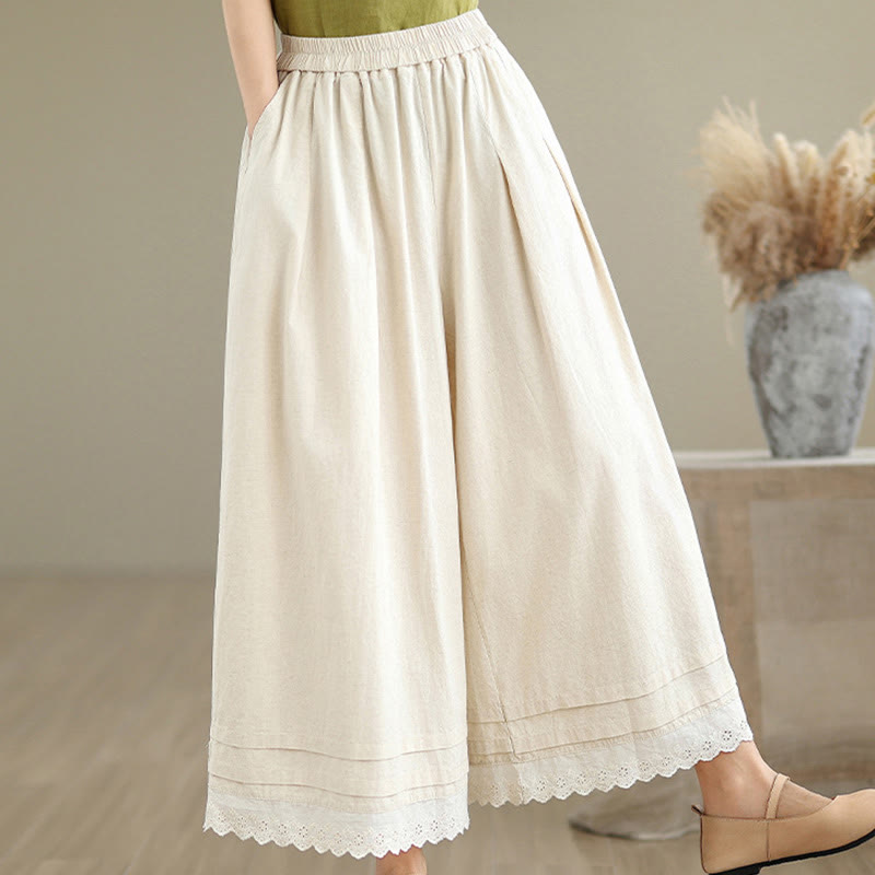 Commute Simple Lace Design 7-8 Length Women's Wide Leg Cotton Linen Pants With Pockets