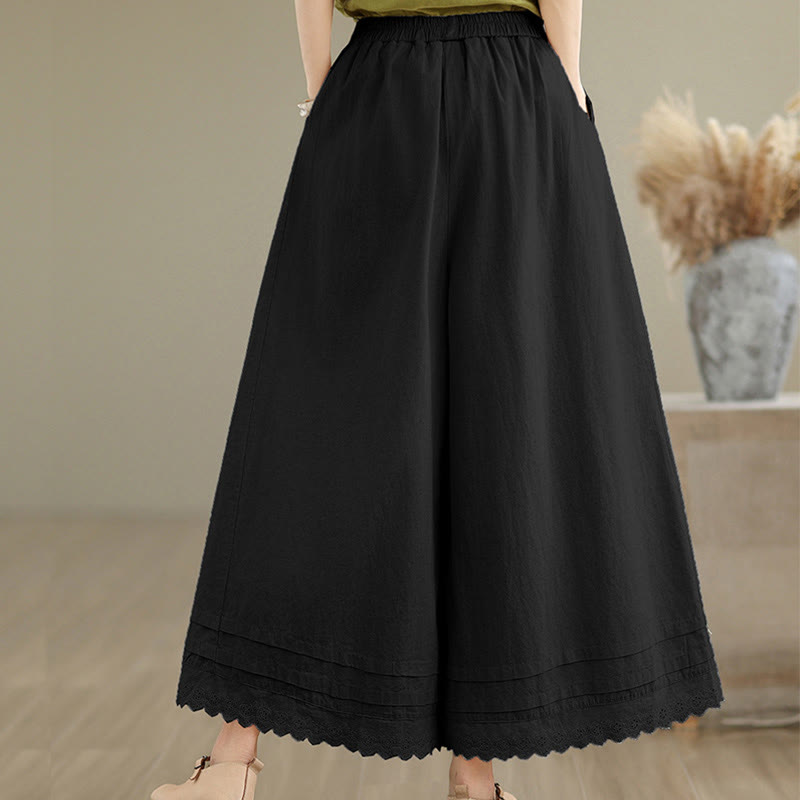 Commute Simple Lace Design 7-8 Length Women's Wide Leg Cotton Linen Pants With Pockets