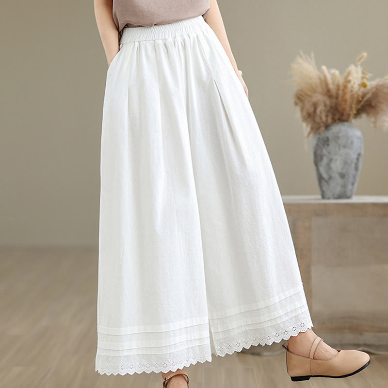 Commute Simple Lace Design 7-8 Length Women's Wide Leg Cotton Linen Pants With Pockets