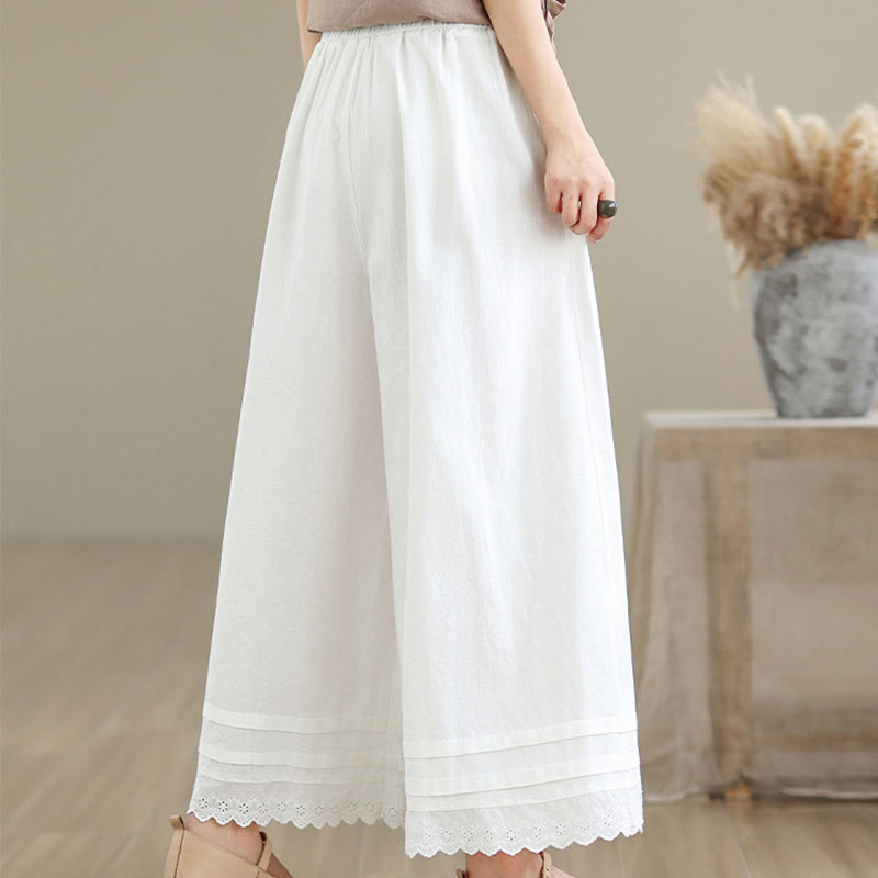 Commute Simple Lace Design 7-8 Length Women's Wide Leg Cotton Linen Pants With Pockets