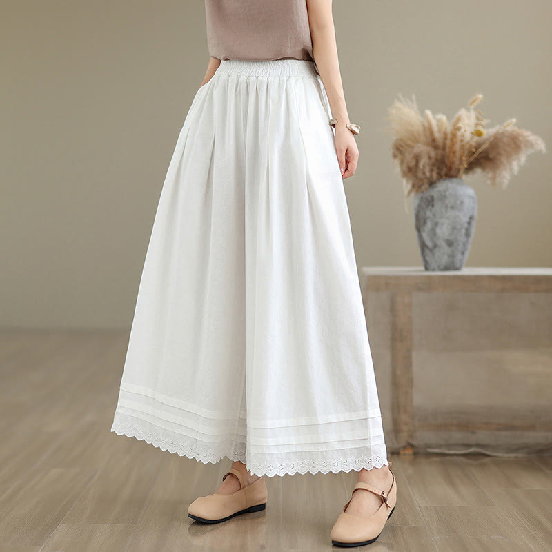 Commute Simple Lace Design 7-8 Length Women's Wide Leg Cotton Linen Pants With Pockets