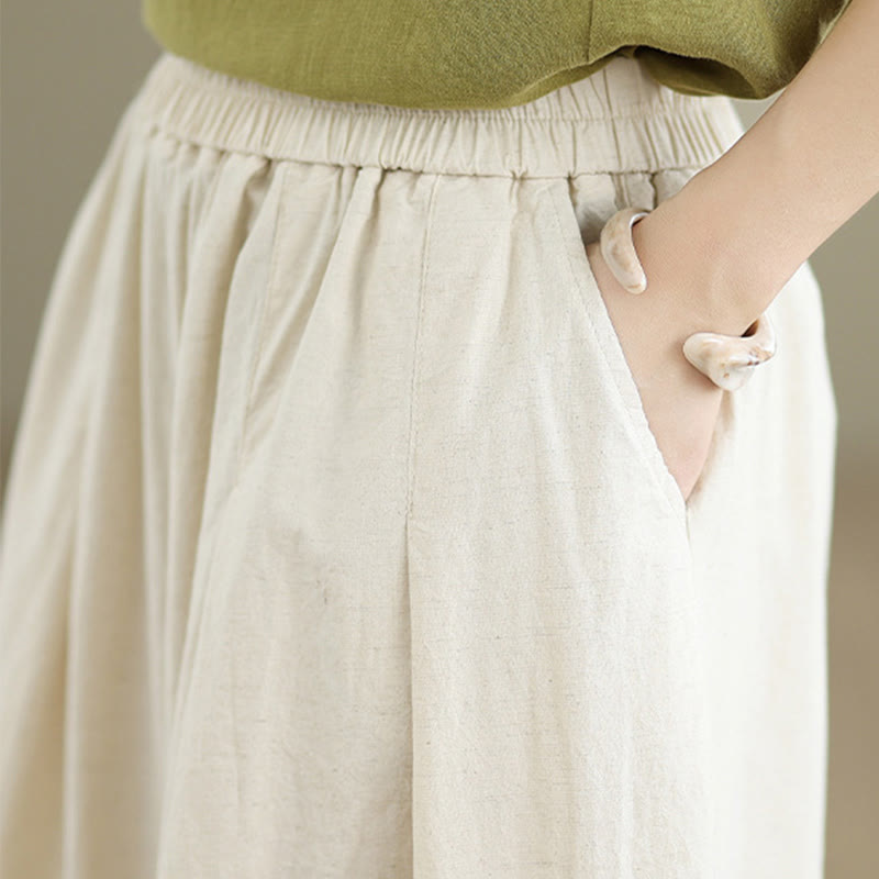 Commute Simple Lace Design 7-8 Length Women's Wide Leg Cotton Linen Pants With Pockets