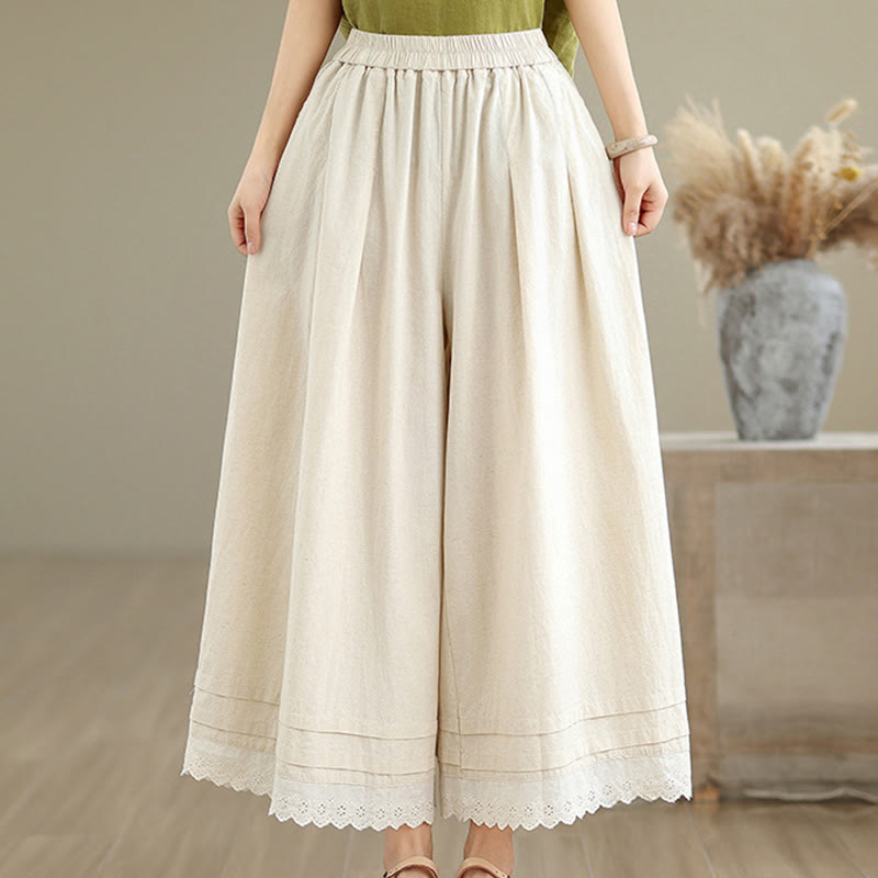 Commute Simple Lace Design 7-8 Length Women's Wide Leg Cotton Linen Pants With Pockets
