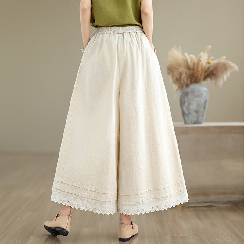Commute Simple Lace Design 7-8 Length Women's Wide Leg Cotton Linen Pants With Pockets