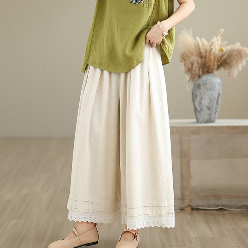 Commute Simple Lace Design 7-8 Length Women's Wide Leg Cotton Linen Pants With Pockets