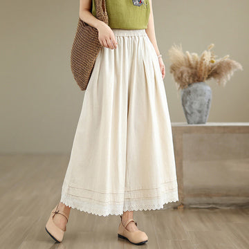 Commute Simple Lace Design 7-8 Length Women's Wide Leg Cotton Linen Pants With Pockets