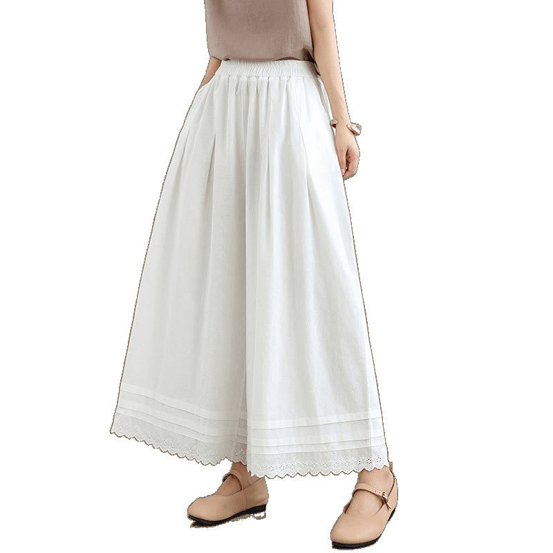 Commute Simple Lace Design 7-8 Length Women's Wide Leg Cotton Linen Pants With Pockets