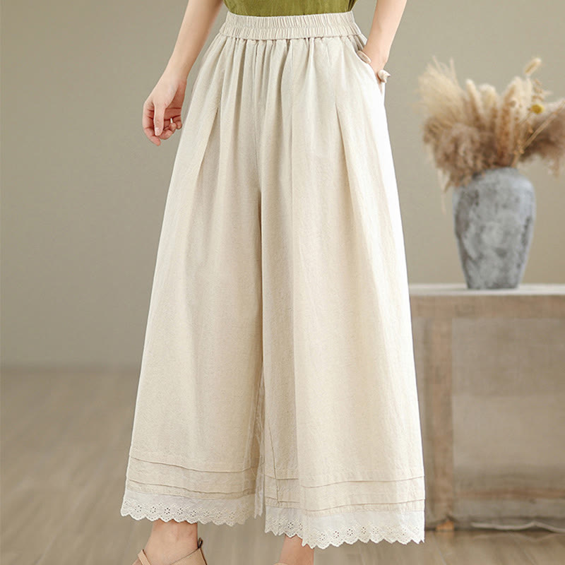 Commute Simple Lace Design 7-8 Length Women's Wide Leg Cotton Linen Pants With Pockets