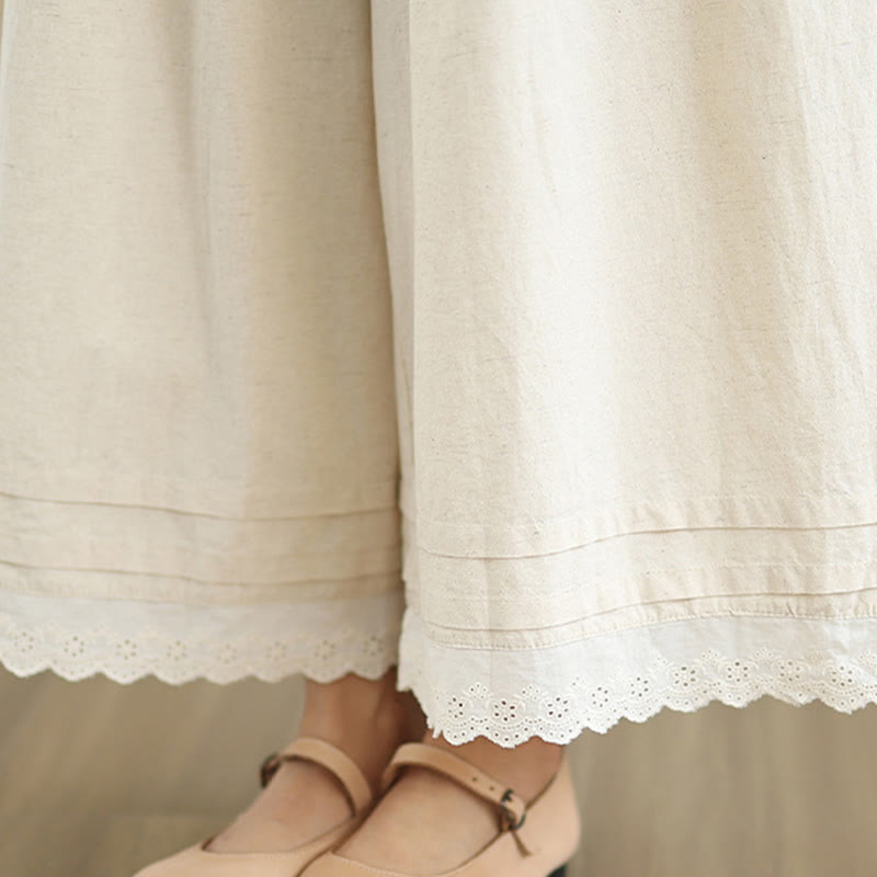 Commute Simple Lace Design 7-8 Length Women's Wide Leg Cotton Linen Pants With Pockets