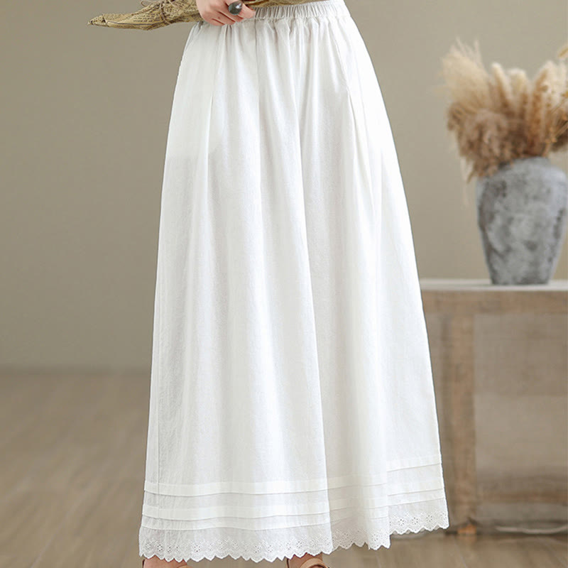 Commute Simple Lace Design 7-8 Length Women's Wide Leg Cotton Linen Pants With Pockets