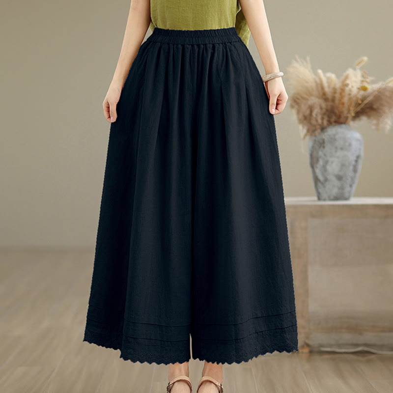 Commute Simple Lace Design 7-8 Length Women's Wide Leg Cotton Linen Pants With Pockets