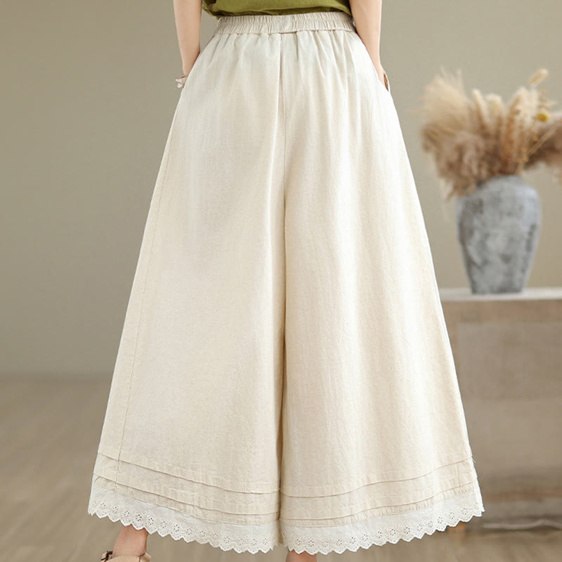 Commute Simple Lace Design 7-8 Length Women's Wide Leg Cotton Linen Pants With Pockets