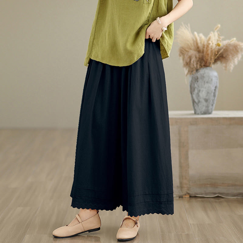 Commute Simple Lace Design 7-8 Length Women's Wide Leg Cotton Linen Pants With Pockets