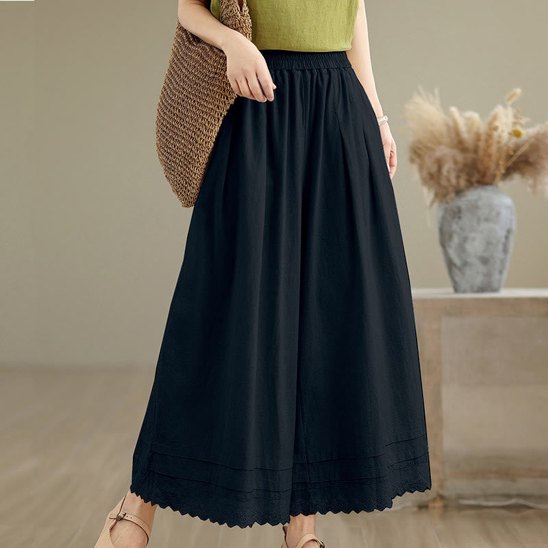 Commute Simple Lace Design 7-8 Length Women's Wide Leg Cotton Linen Pants With Pockets
