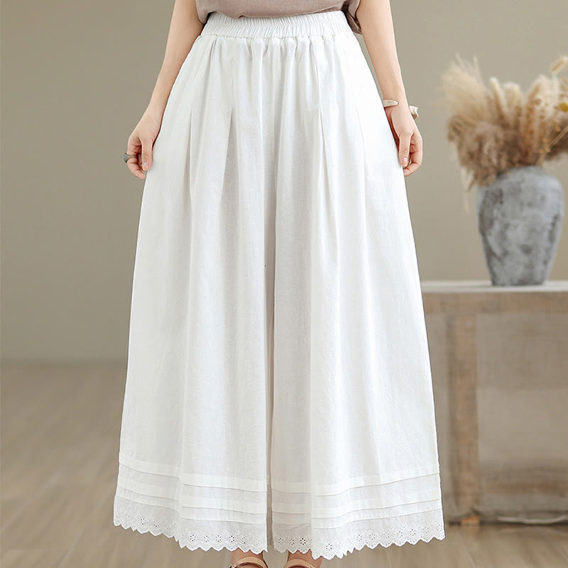 Commute Simple Lace Design 7-8 Length Women's Wide Leg Cotton Linen Pants With Pockets