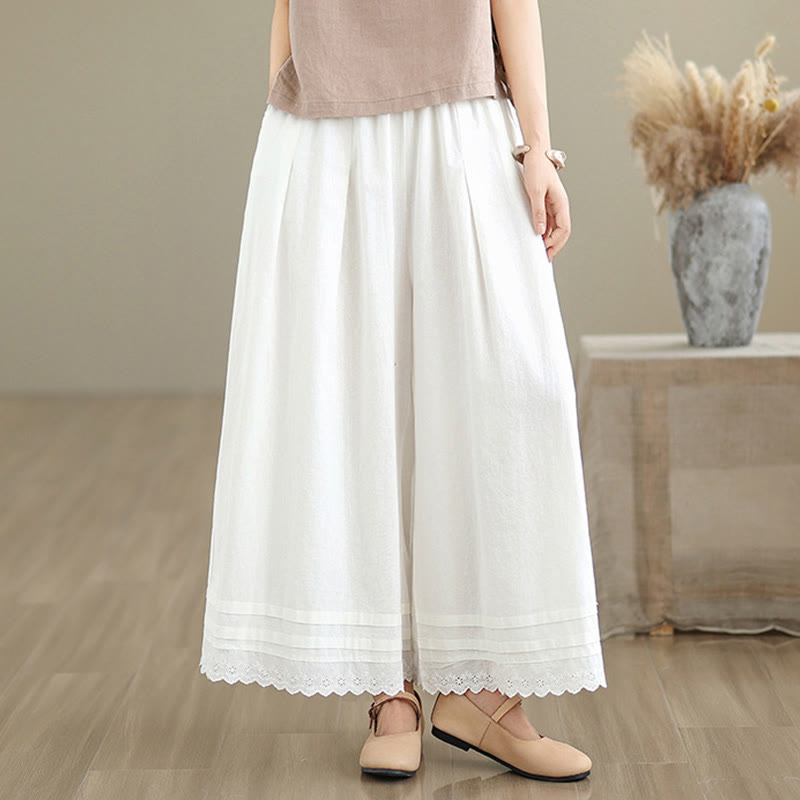 Commute Simple Lace Design 7-8 Length Women's Wide Leg Cotton Linen Pants With Pockets