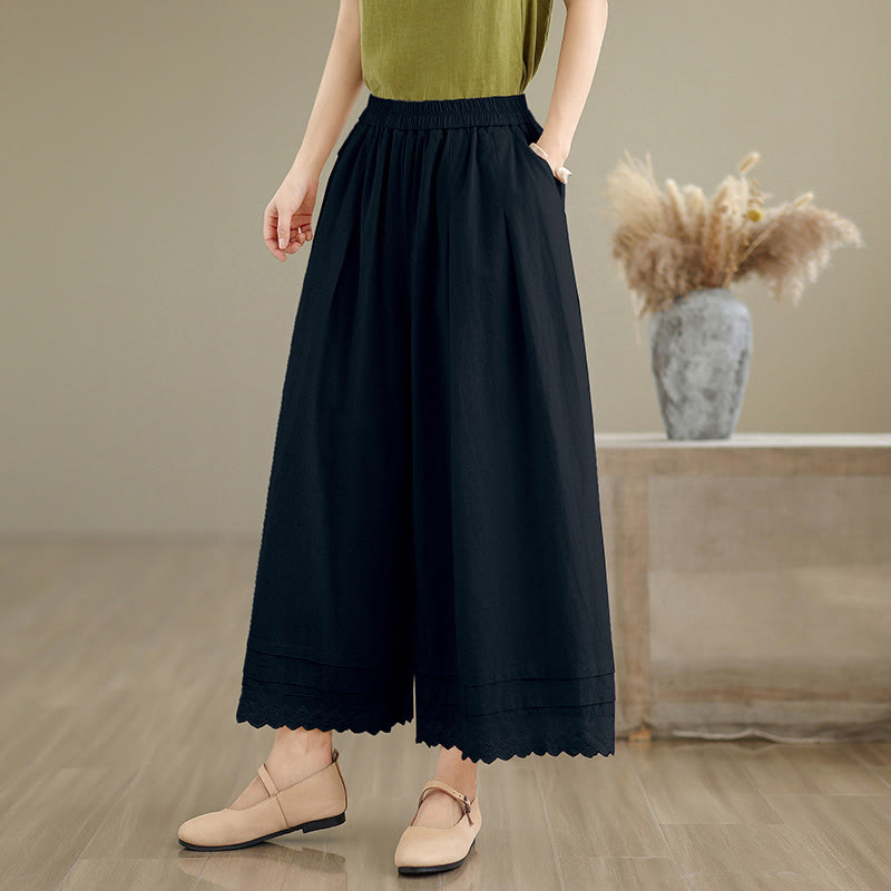 Commute Simple Lace Design 7-8 Length Women's Wide Leg Cotton Linen Pants With Pockets