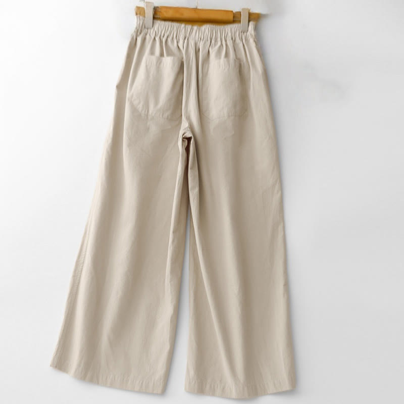 Spring Commute Solid Color High Waist Women's Wide Leg Cotton Linen Pants With Pockets