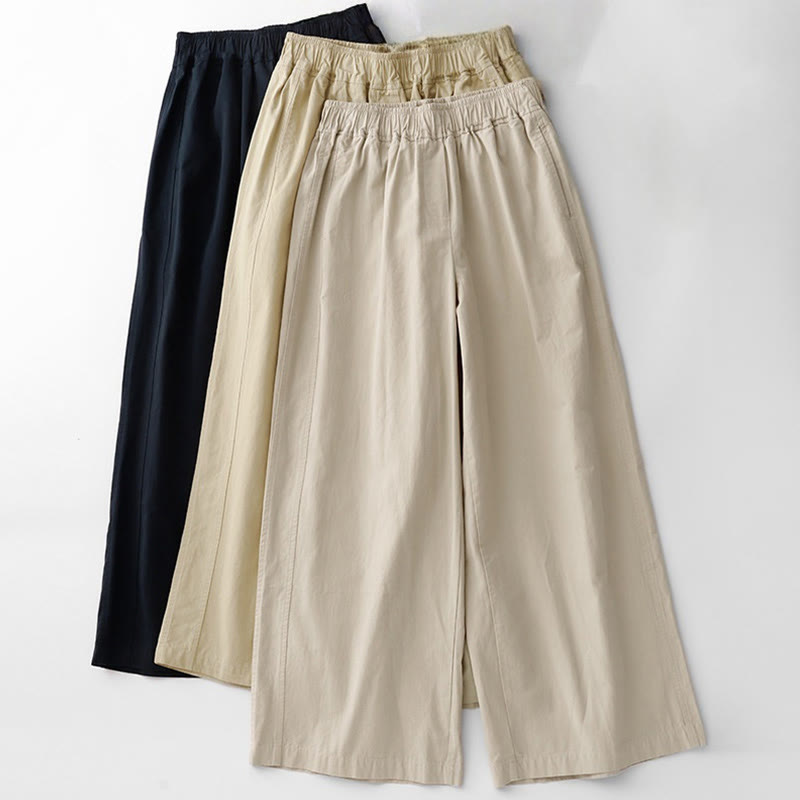 Spring Commute Solid Color High Waist Women's Wide Leg Cotton Linen Pants With Pockets