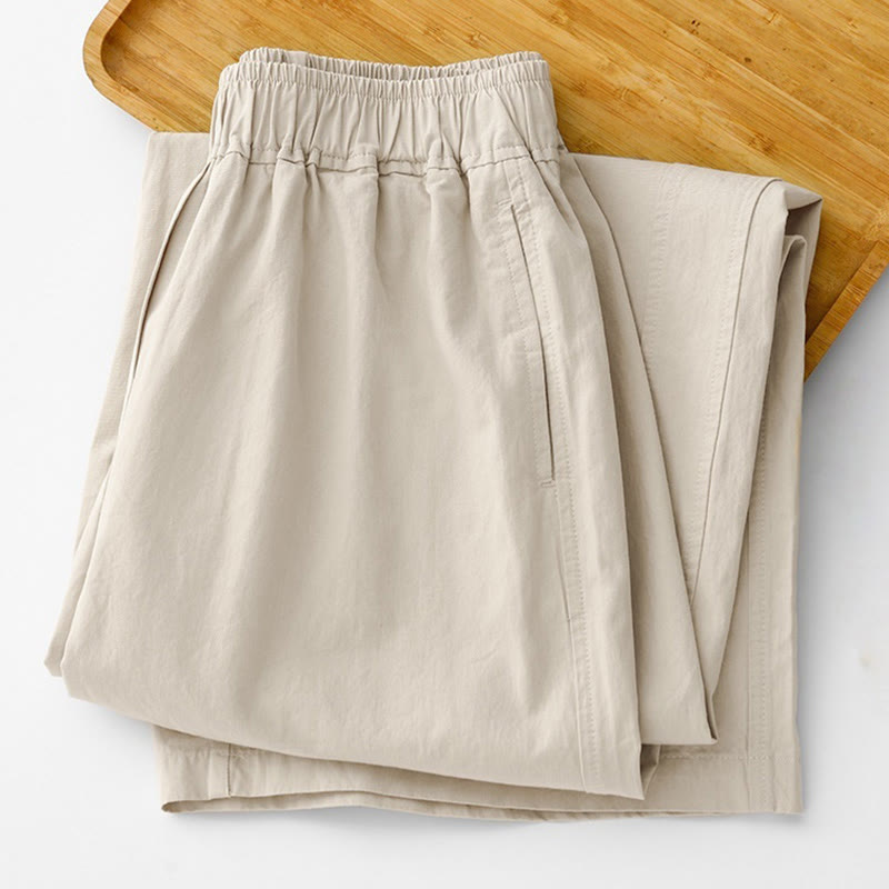 Spring Commute Solid Color High Waist Women's Wide Leg Cotton Linen Pants With Pockets