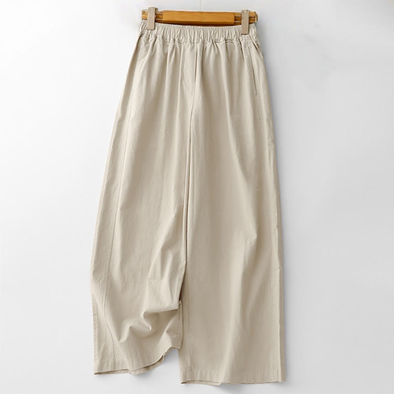 Spring Commute Solid Color High Waist Women's Wide Leg Cotton Linen Pants With Pockets