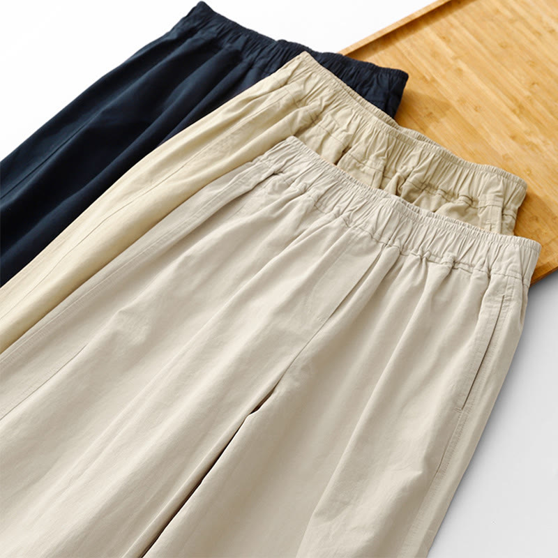 Spring Commute Solid Color High Waist Women's Wide Leg Cotton Linen Pants With Pockets