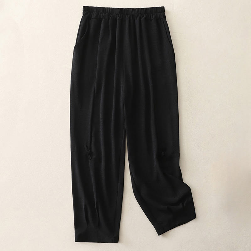 Tactile Cotton Linen Frog-Button Cropped Harem Meditation Pants