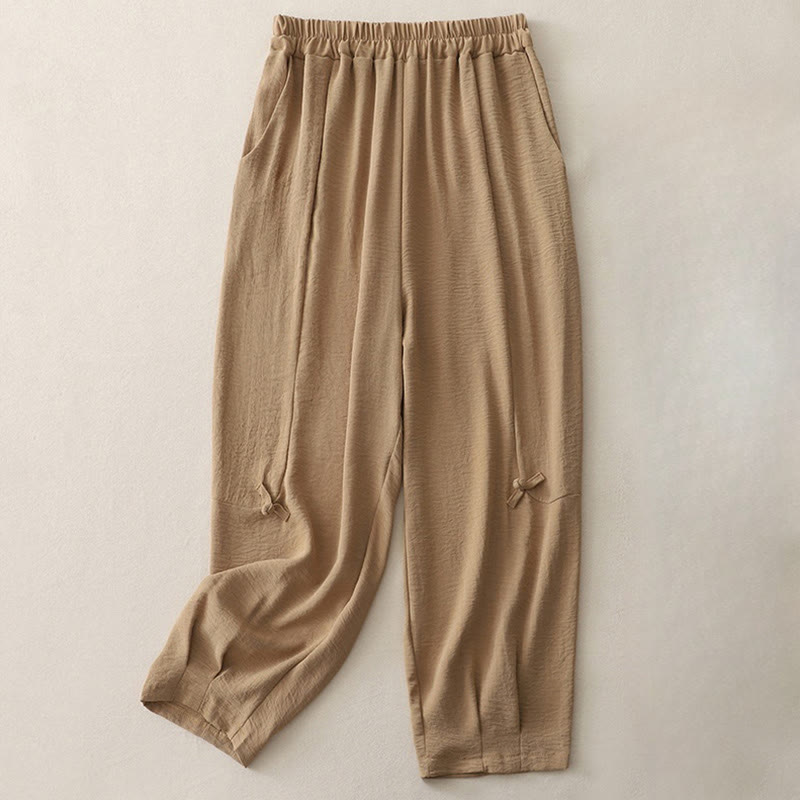 Tactile Cotton Linen Frog-Button Cropped Harem Meditation Pants