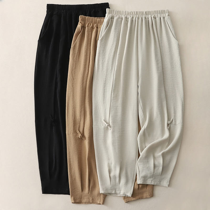 Tactile Cotton Linen Frog-Button Cropped Harem Meditation Pants